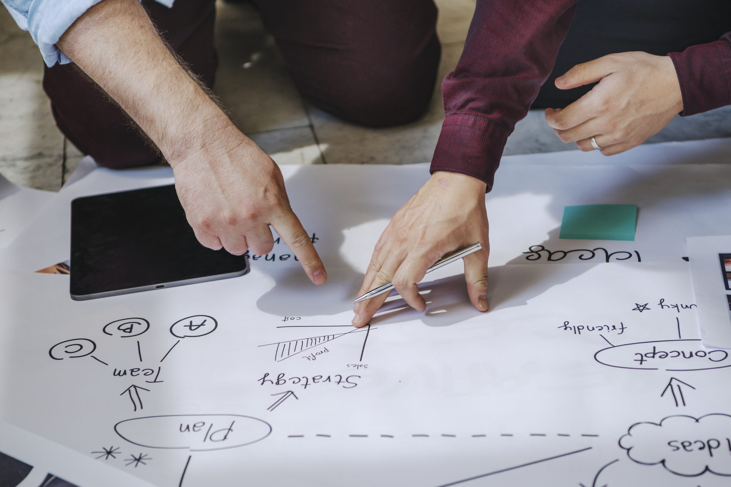 Business people brainstorming ideas using a chart